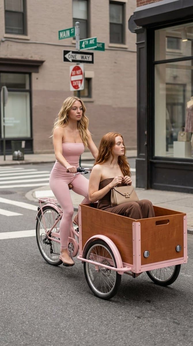 Two Stylish Women on Pastel Pink Bicycle in City