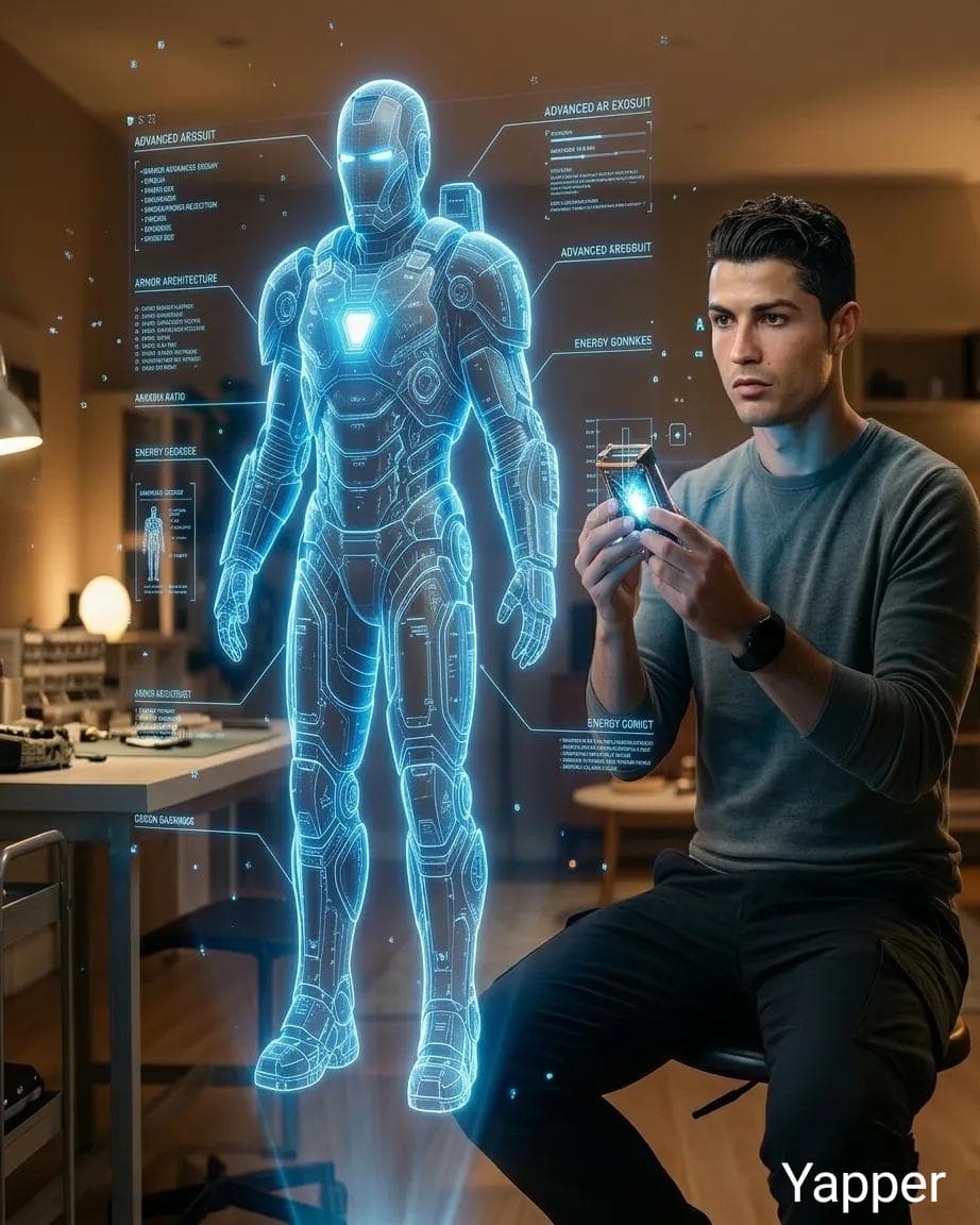 Futuristic Engineer with Holographic Exosuit
