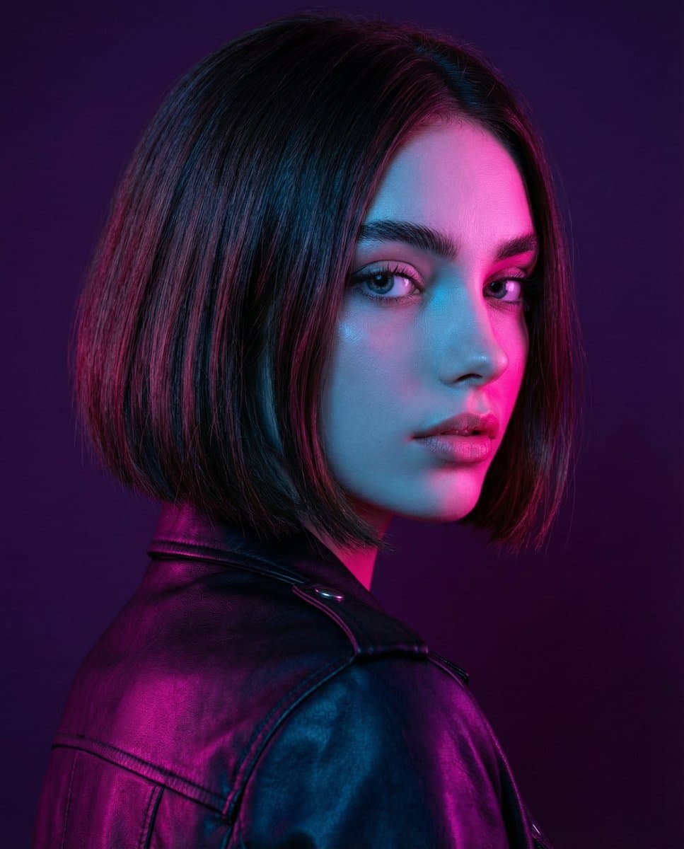 Neon Lit Bob Haircut Portrait