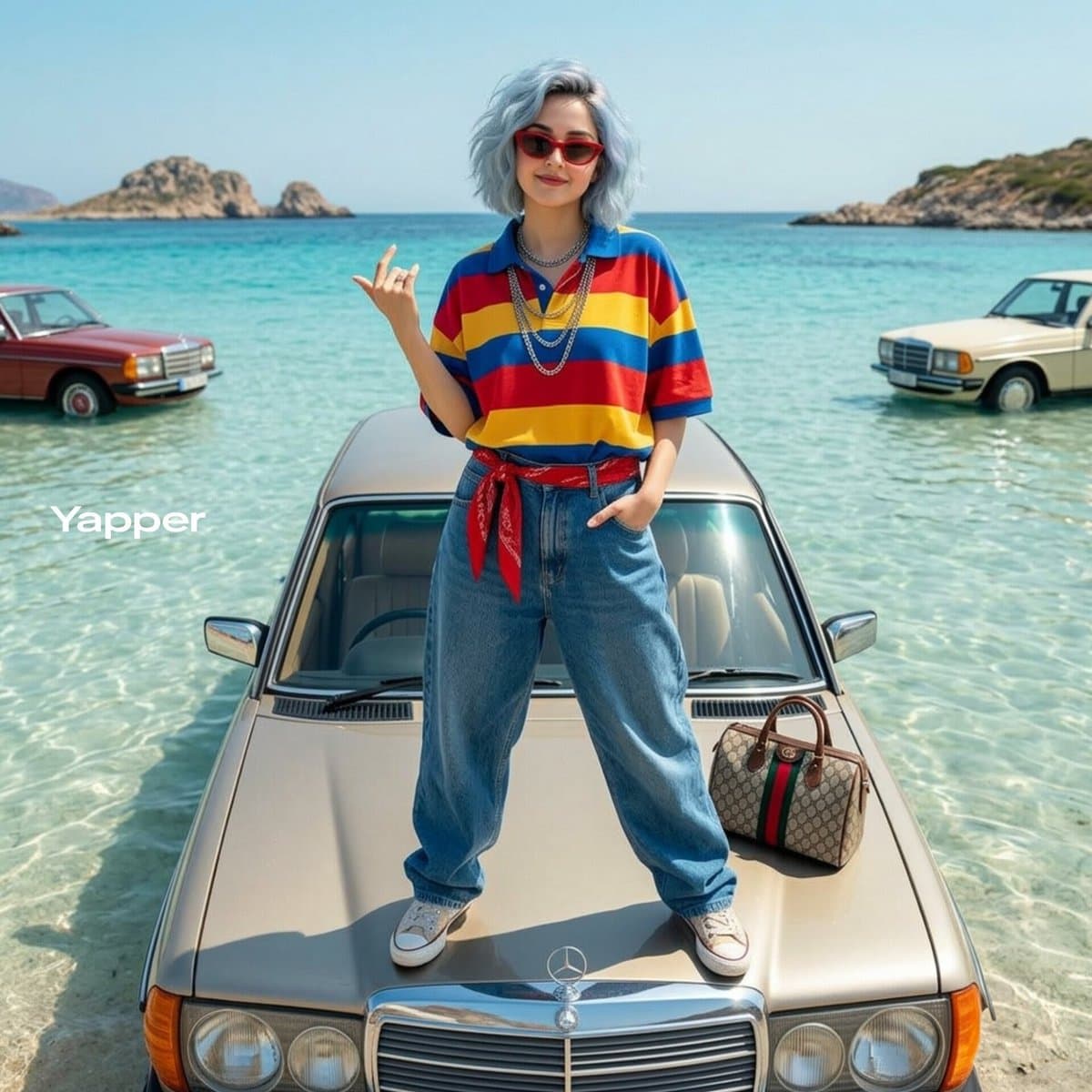 Stylish Woman on Vintage Car in Ocean
