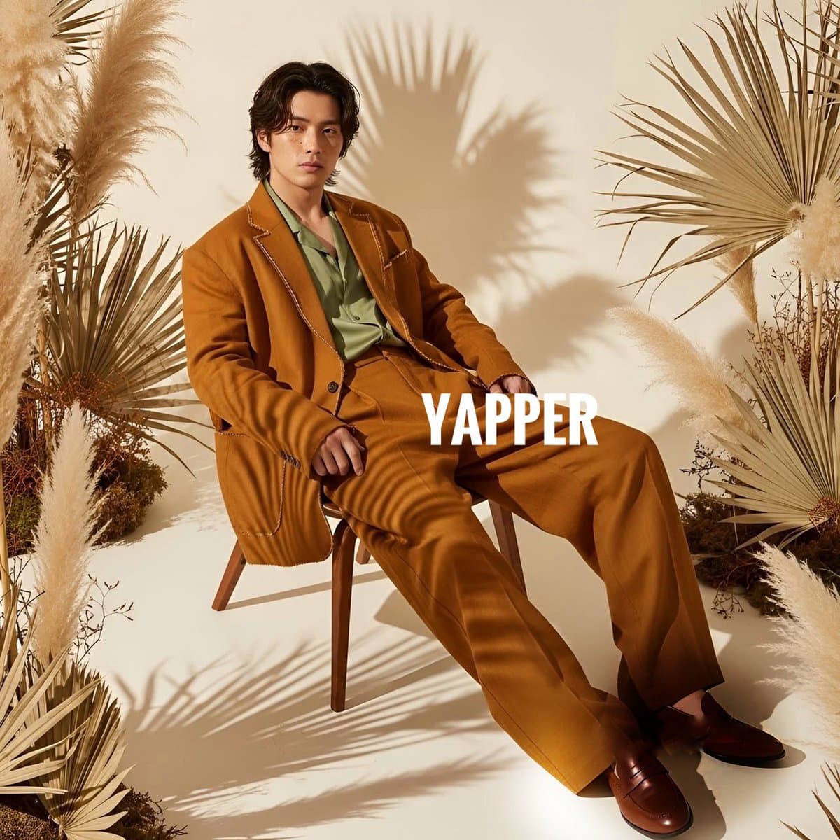 East Asian Male Model in Ochre Linen Suit Editorial