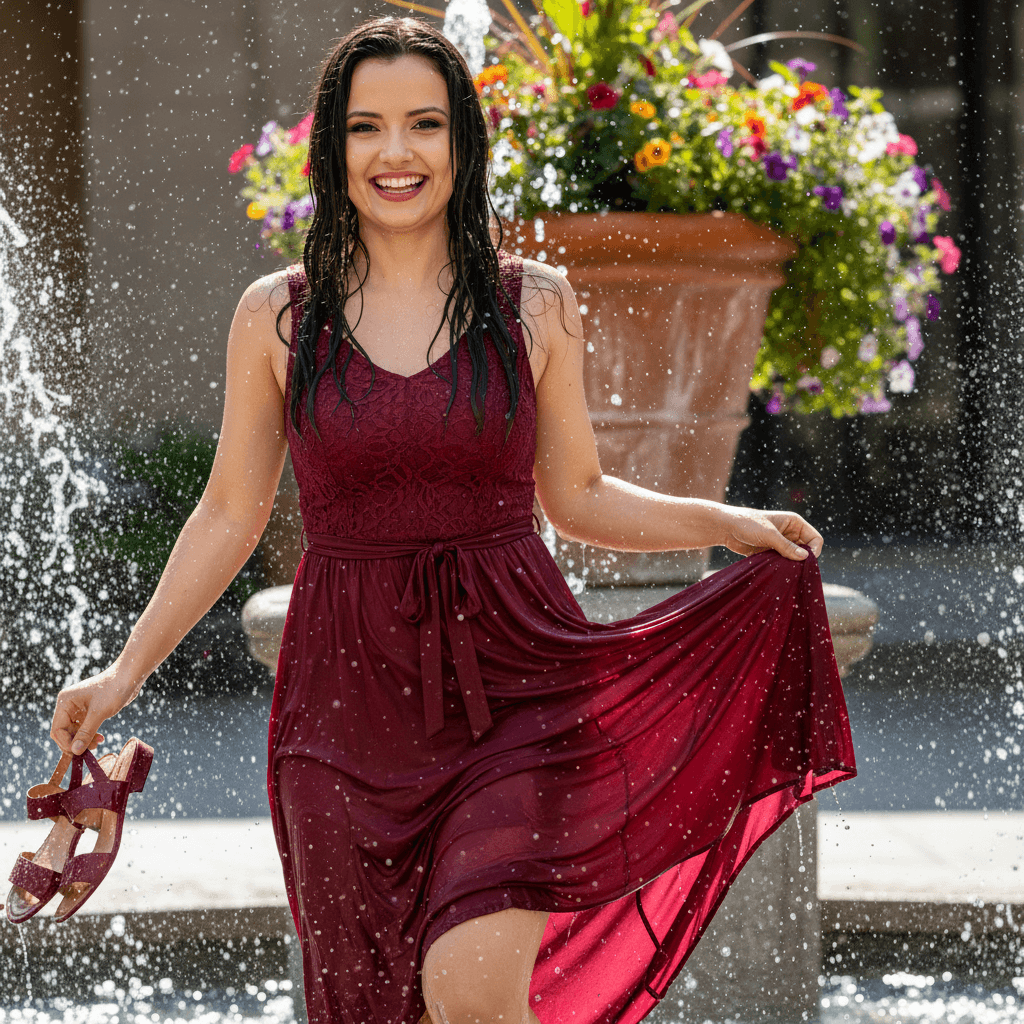 Woman Playing in Outdoor Water Fountain