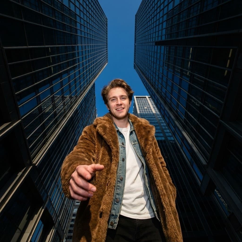 Extreme Low-Angle Fashion Shot in Urban Canyon