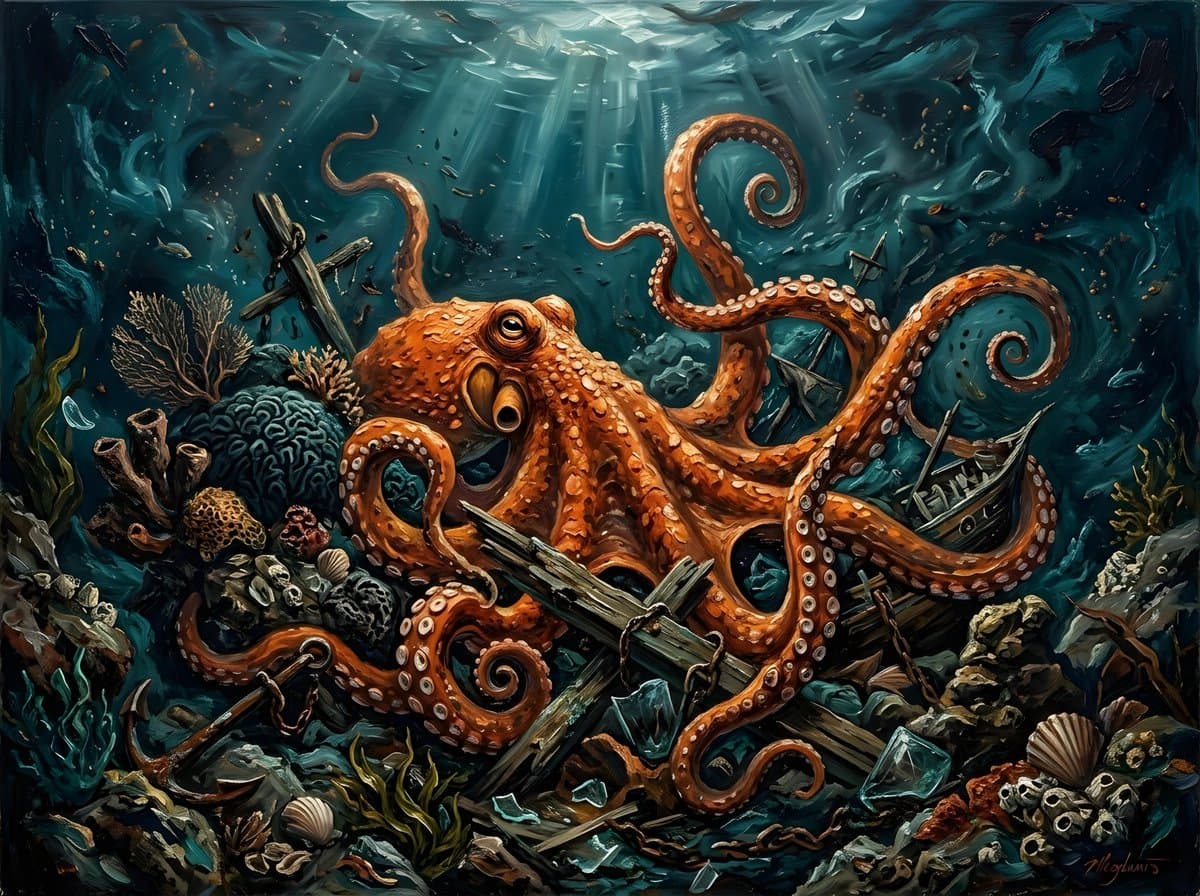 Vibrant Orange Octopus Oil Painting Underwater Scene
