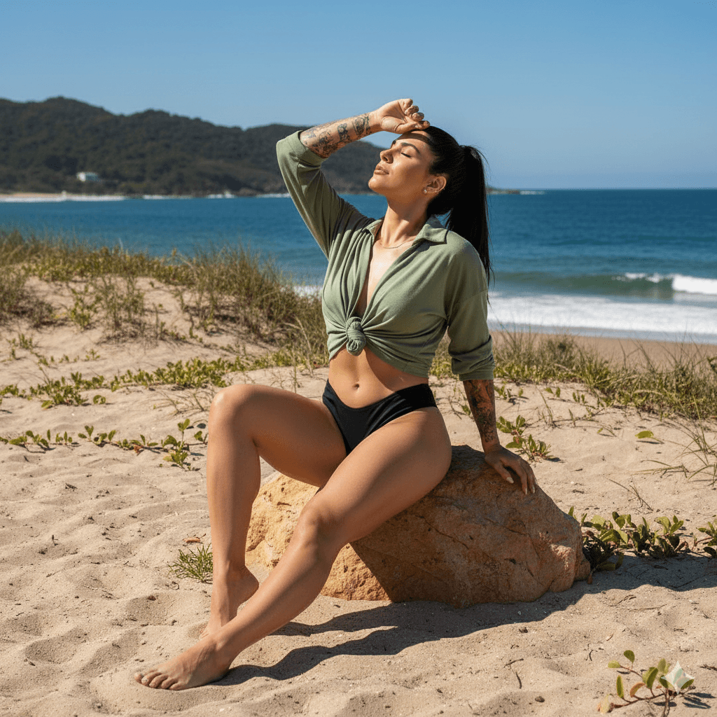 Woman on Rustic Beach in High-Contrast Sunlight