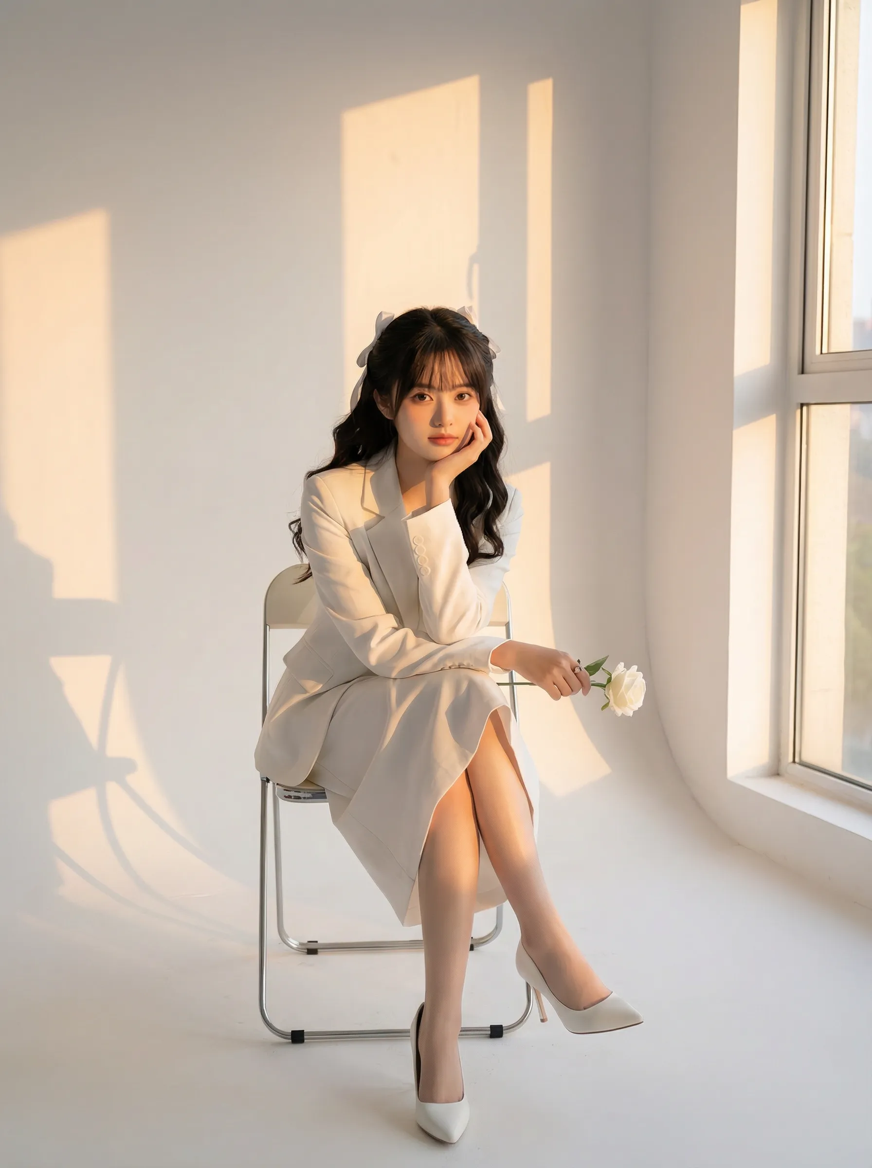 Elegant Woman in White Suit with Rose in Photo Studio