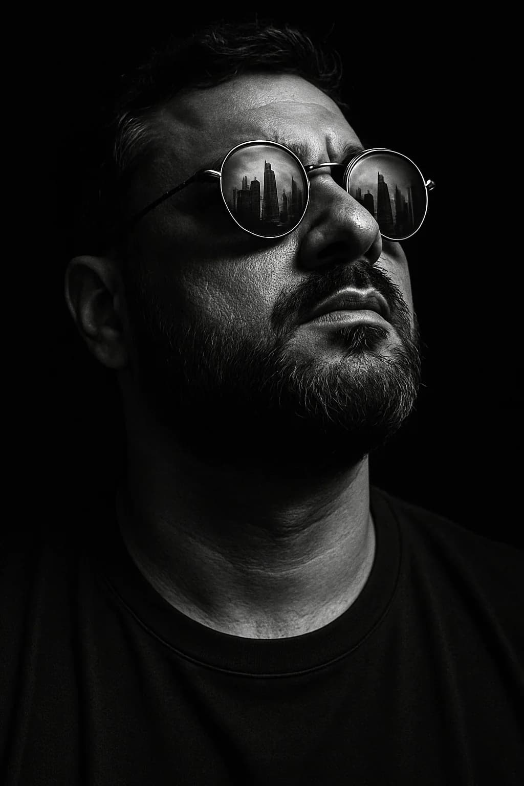 Dramatic Black and White Portrait with City Reflection