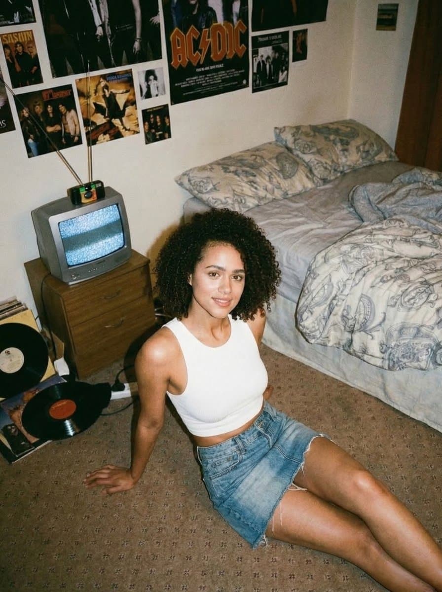 90s Retro Portrait of Young Woman on Bedroom Floor