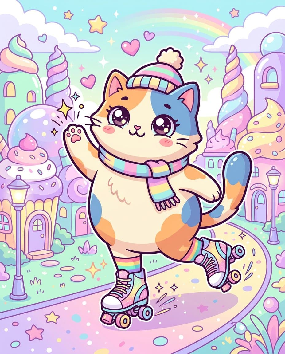 Roller Skating Cat in Pop Surreal Kawaii Style