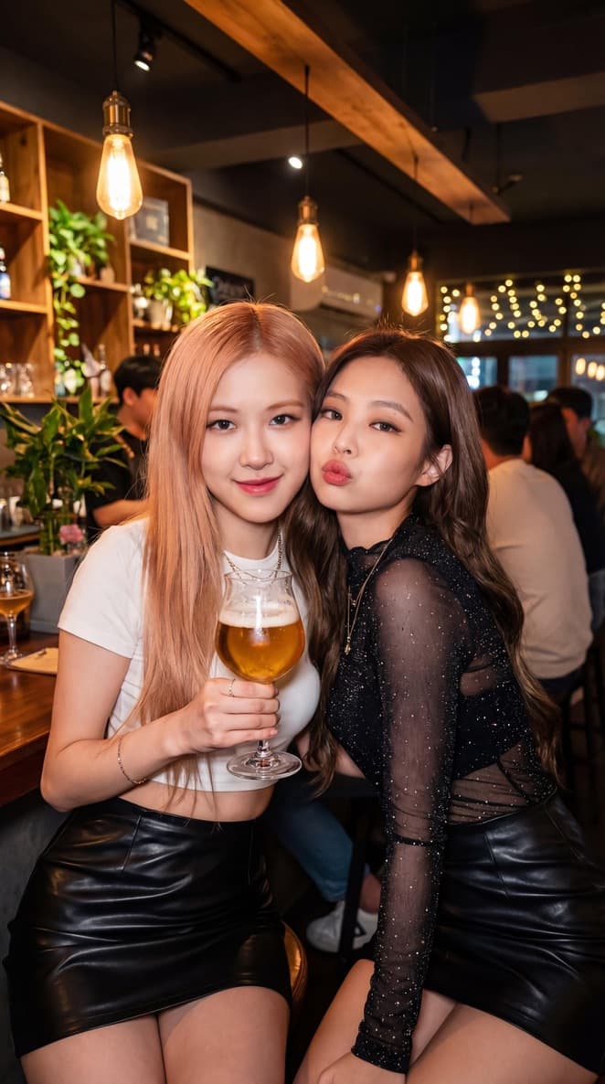 K-pop Idols Rosé and Jennie Selfie in Pub