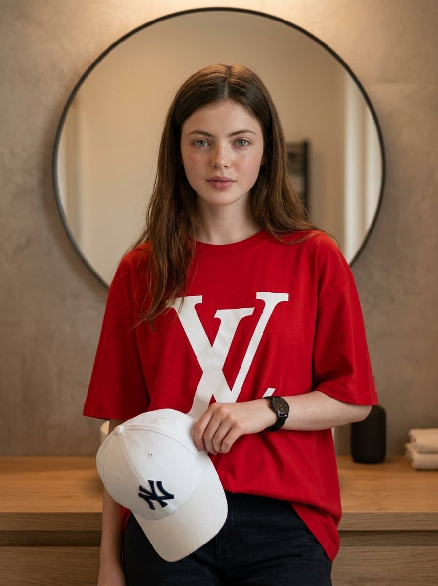 Stylish Man in Modern Bathroom, LV Tee, NY Cap