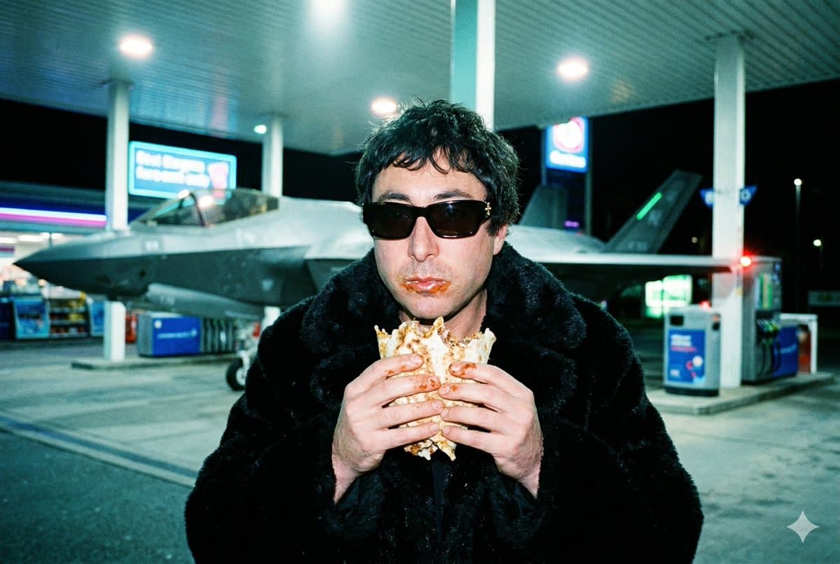 Man Eating Kebab at Gas Station with F-35 Jet