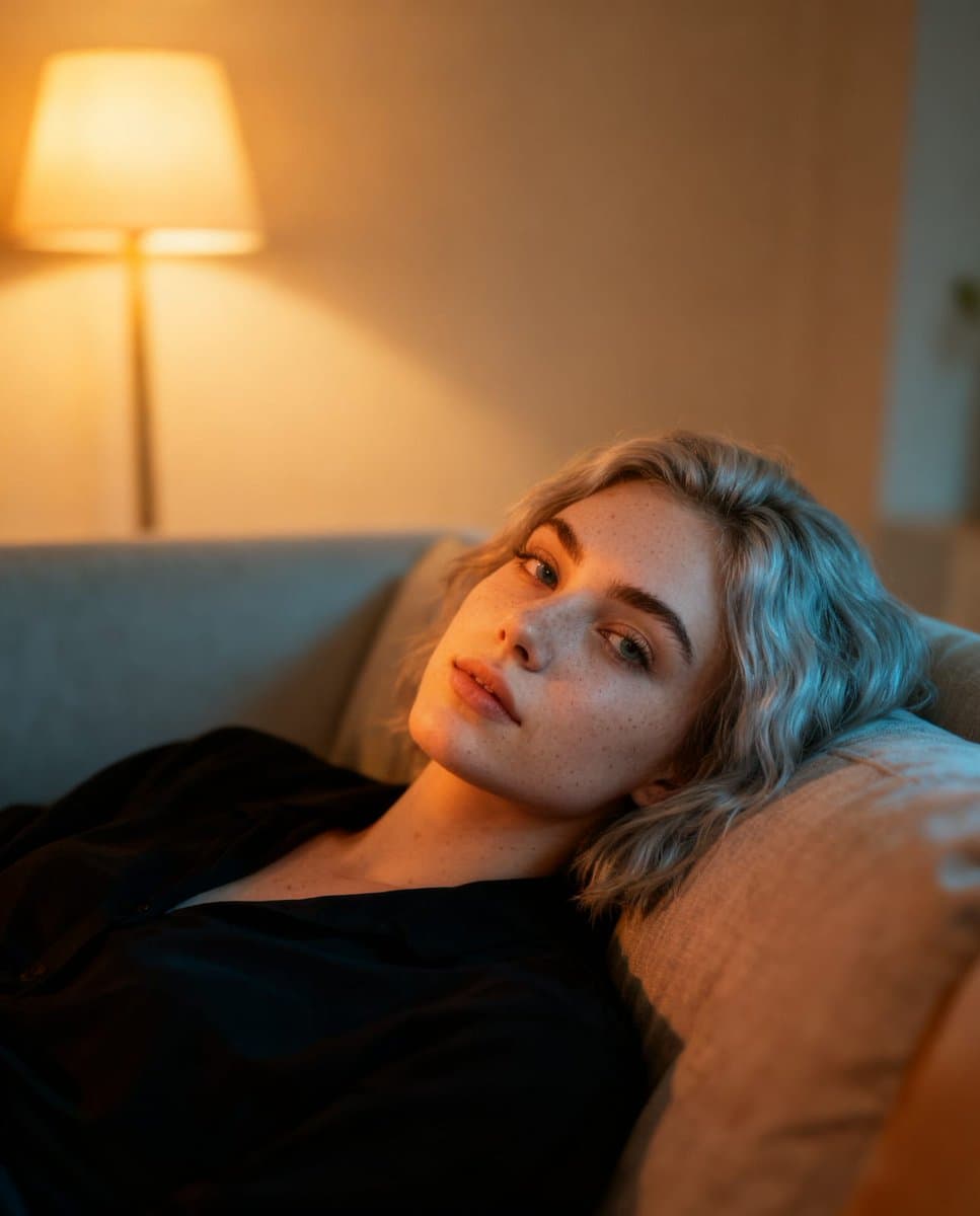 Woman Relaxing on Couch, Soft Lighting, UGC Realism