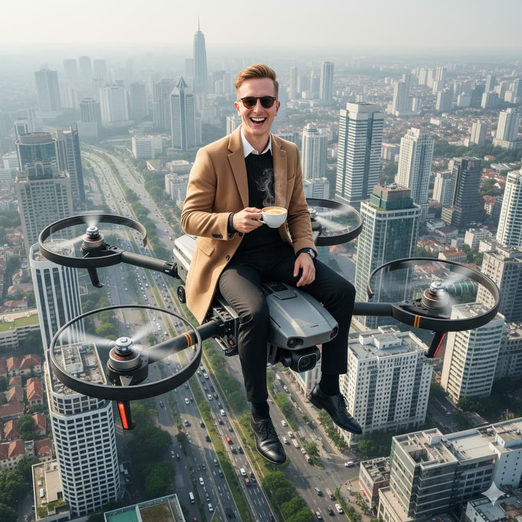Joyful Coffee Moment on a Flying Drone
