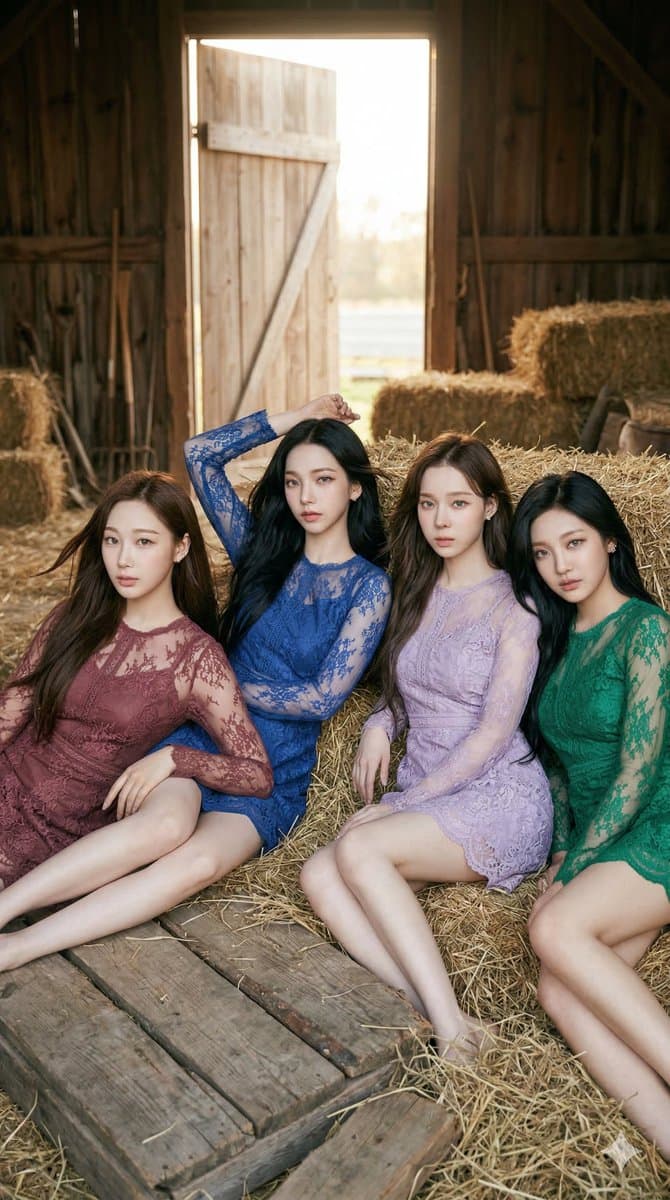 aespa Members in Lace Minidresses in a Rustic Barn