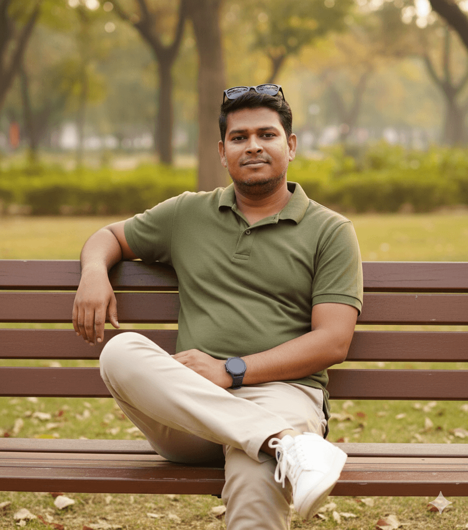 Asian Man on Park Bench, Olive Polo, Beige Chinos