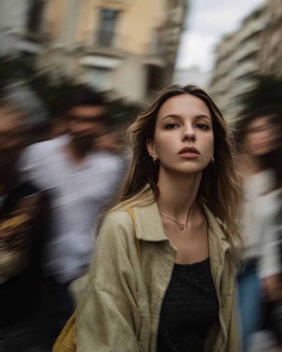 A cinematic street portrait of a young woman standing still