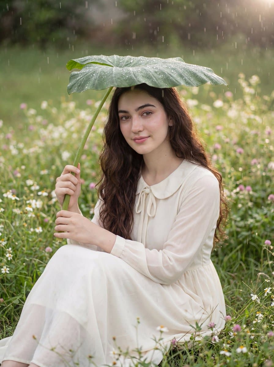 Woman in Garden with Taro Leaf Umbrella