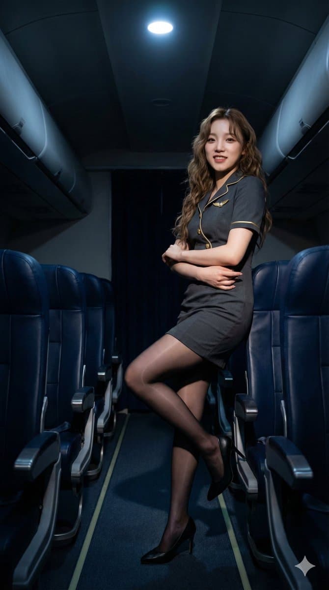 KPOP Idol Flight Attendant in Airplane Cabin