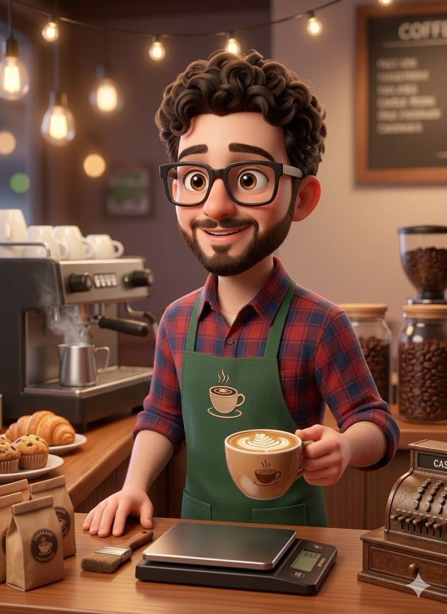Friendly Barista in Cozy Coffee Shop, Pixar Style