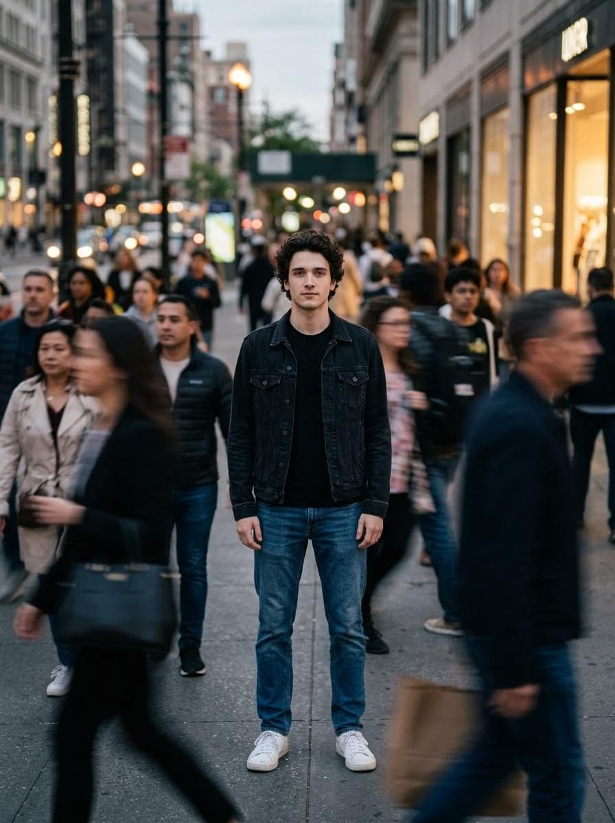 Calm in Chaos: Focused Portrait in a Busy City