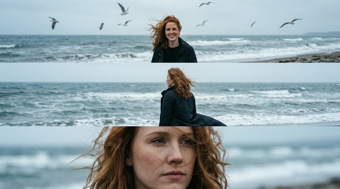 Cinematic Triptych Portrait: Windy Seaside