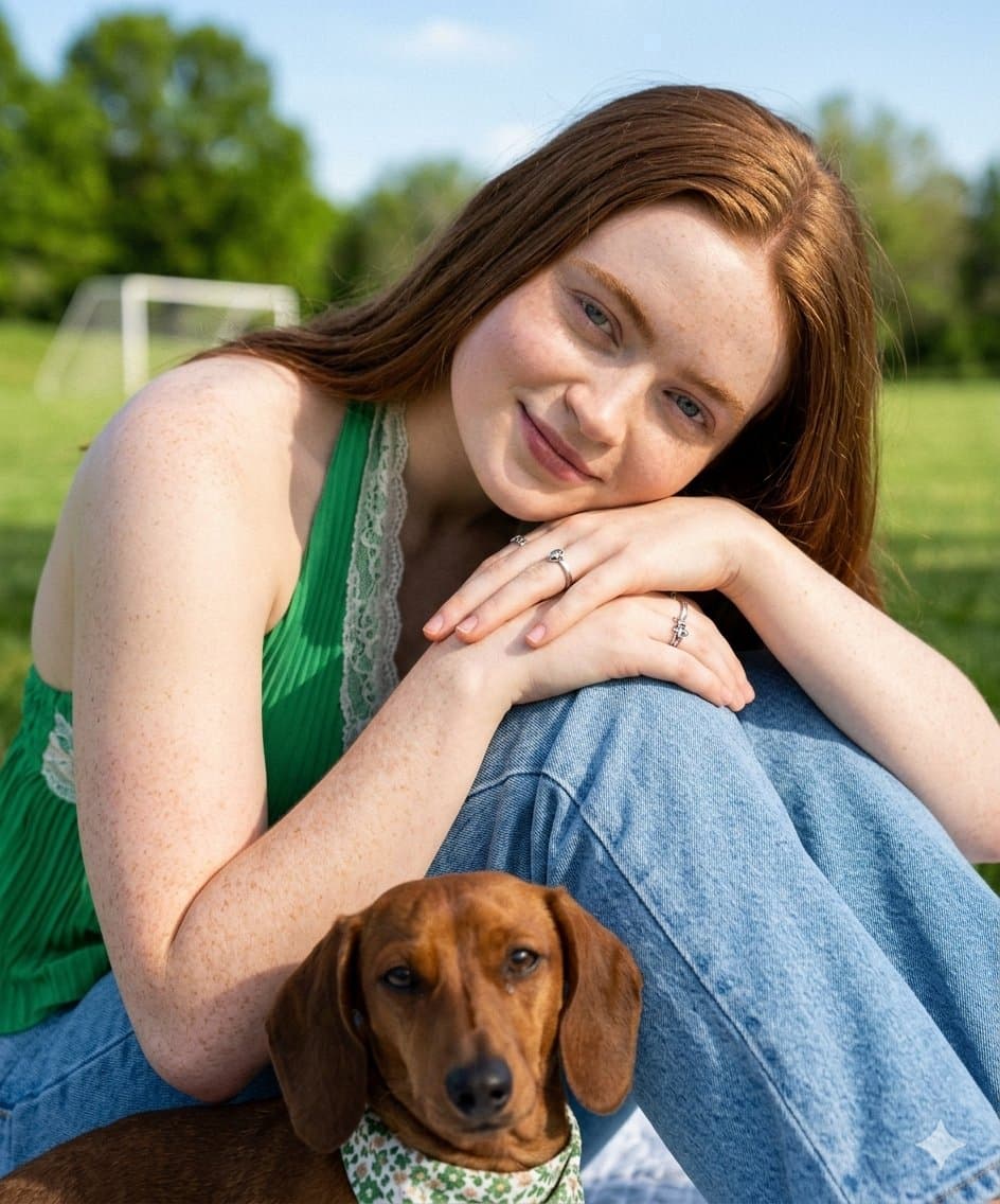 Sadie Sink in a Park with a Dachshund