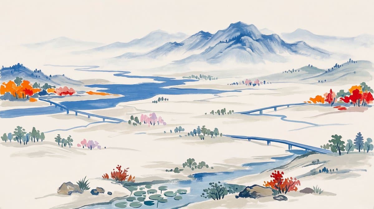 Distant Landscape Painting with Color Palette