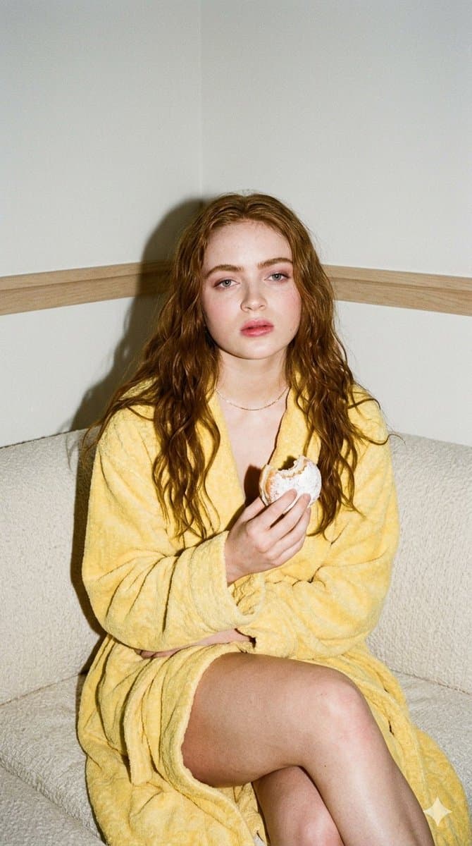 Woman in Yellow Robe with Donut, 35mm Film Aesthetic
