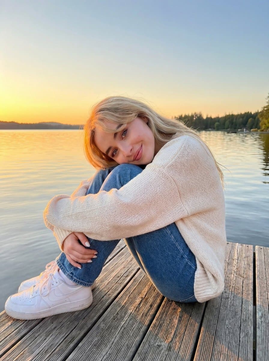 Female Portrait on Lakeside Dock at Sunset