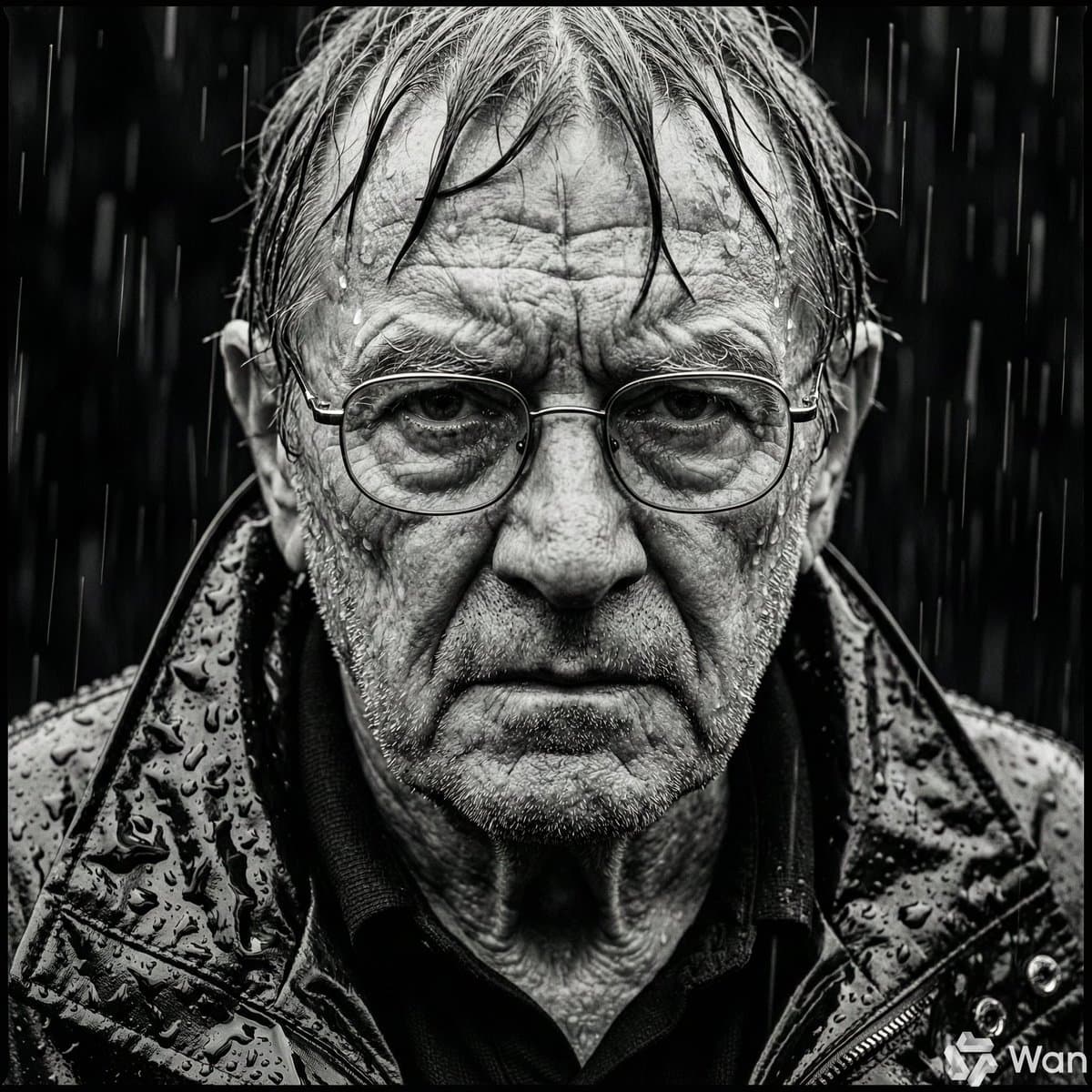 Weathered Elderly Male in Downpour, Monochrome Portrait