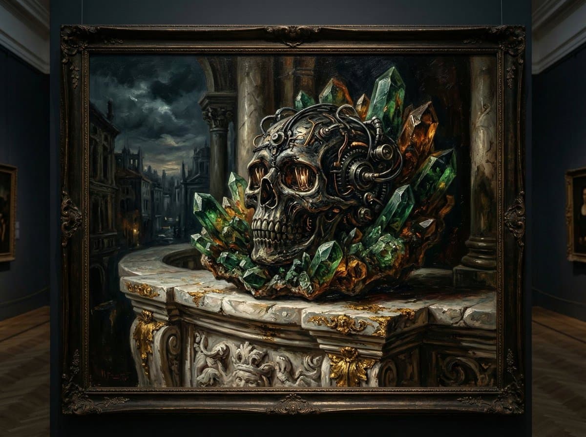 Biomechanical Skull Oil Painting on Marble Balcony