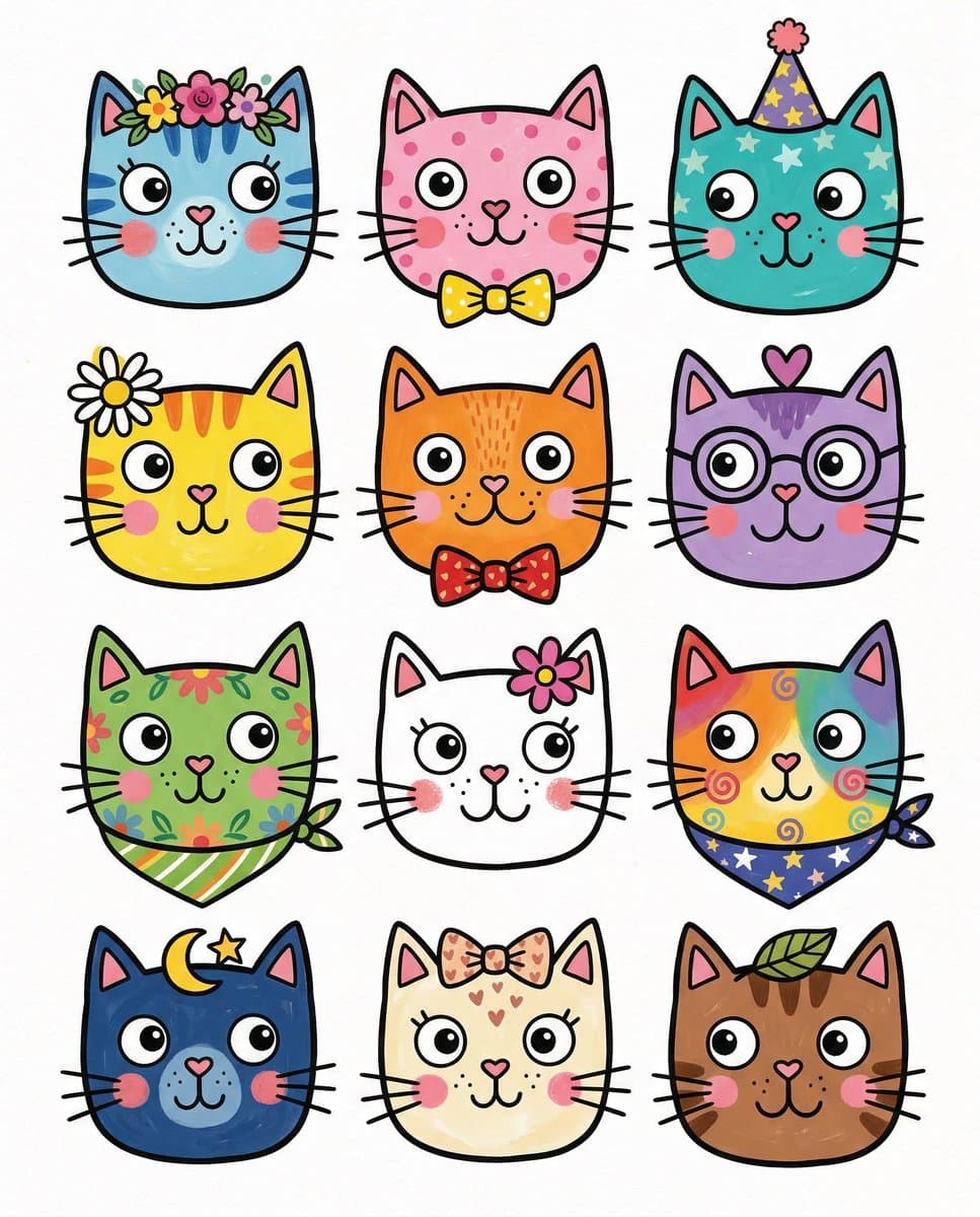 Stylized Cat Faces Grid with Unique Designs