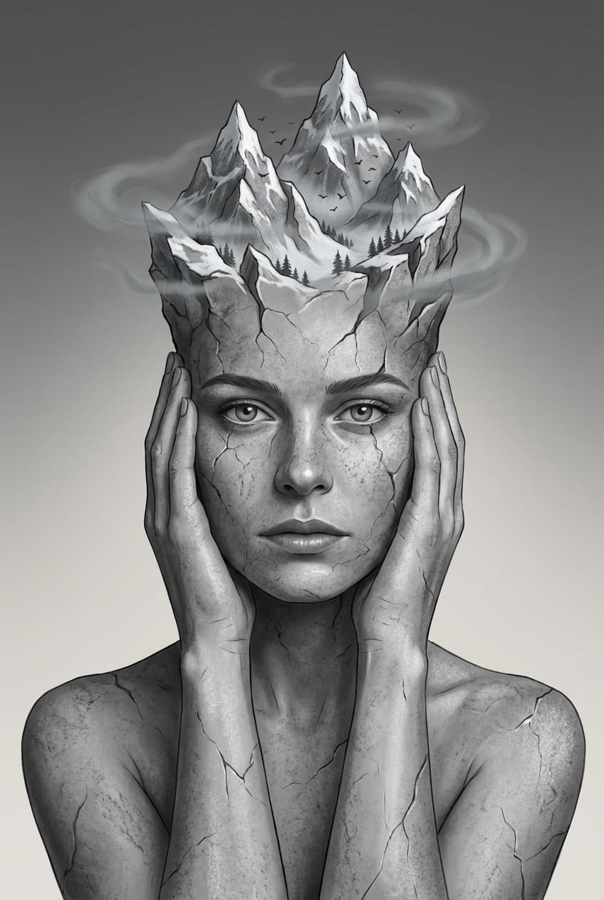 Surreal Stone Skin Mountain Head Portrait