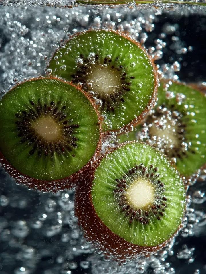Kiwi Slices in Sparkling Water with Macro Detail