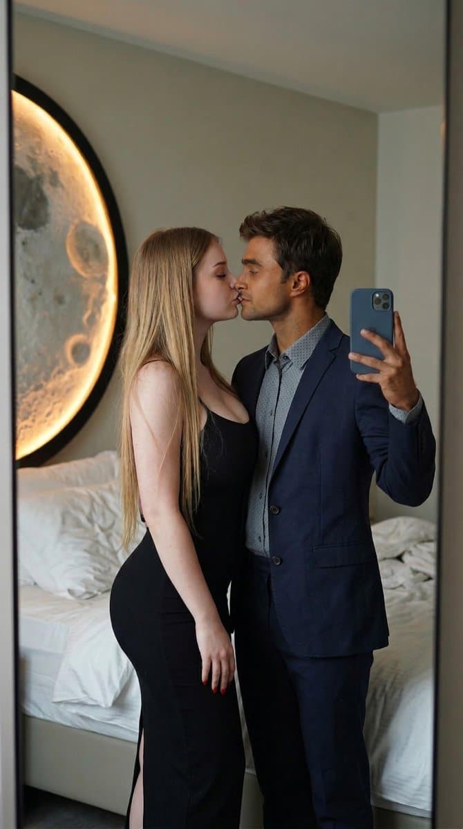 Ultra-realistic romantic Indian couple mirror selfie