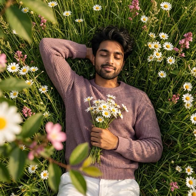 Serene Man in Wildflower Meadow Portrait