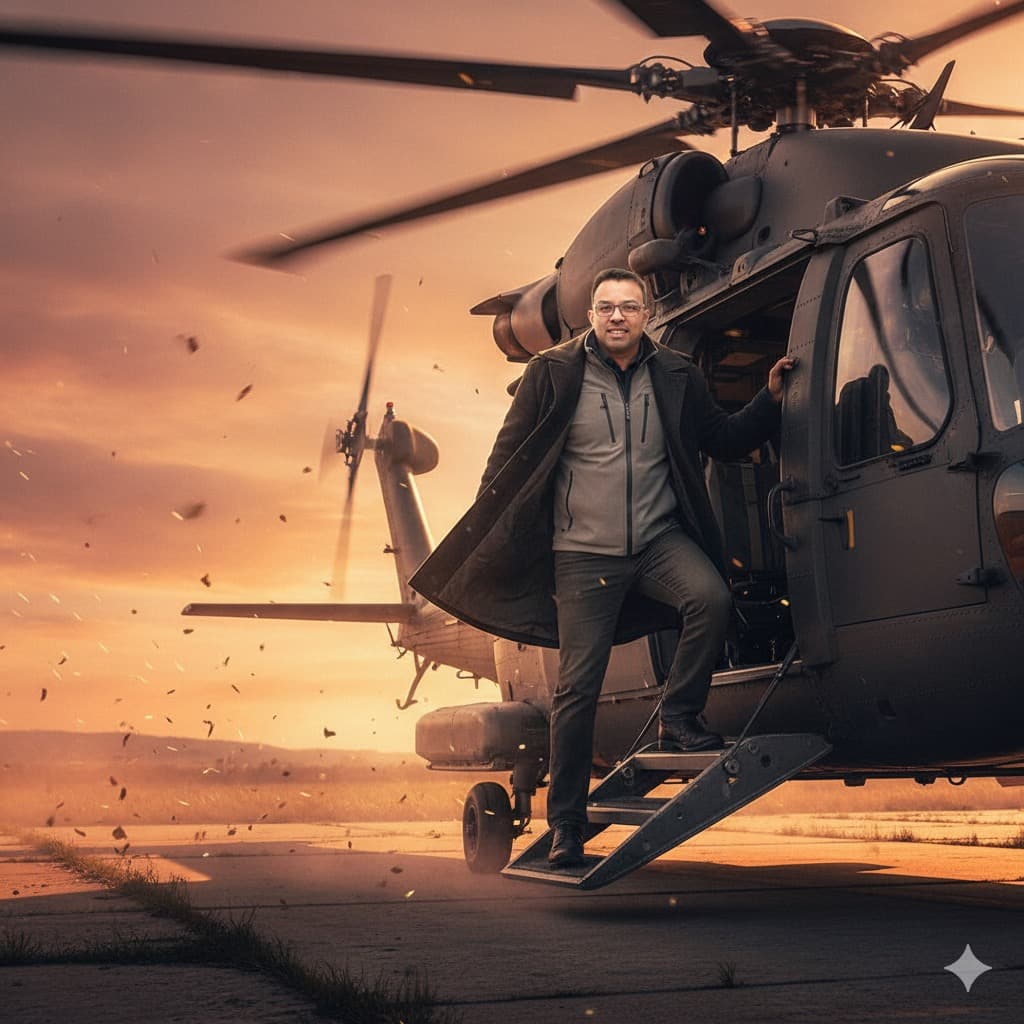 Elite Operative Boarding Helicopter at Golden Hour