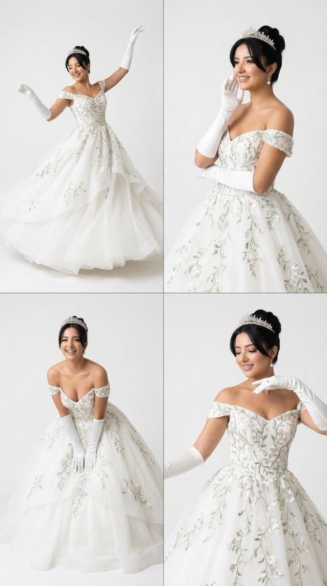 Elegant Woman in White Gown Editorial Grid