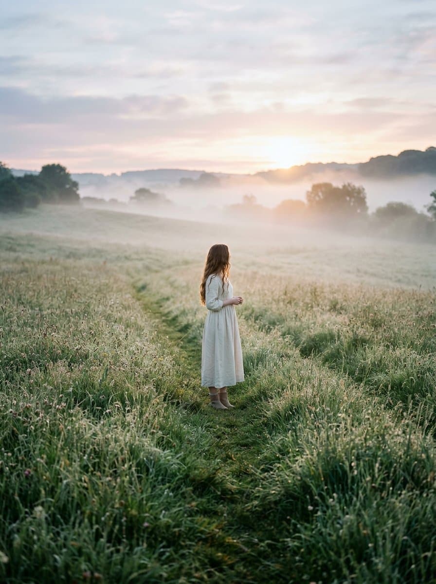 Girl in Dew-Covered Meadow at Sunrise