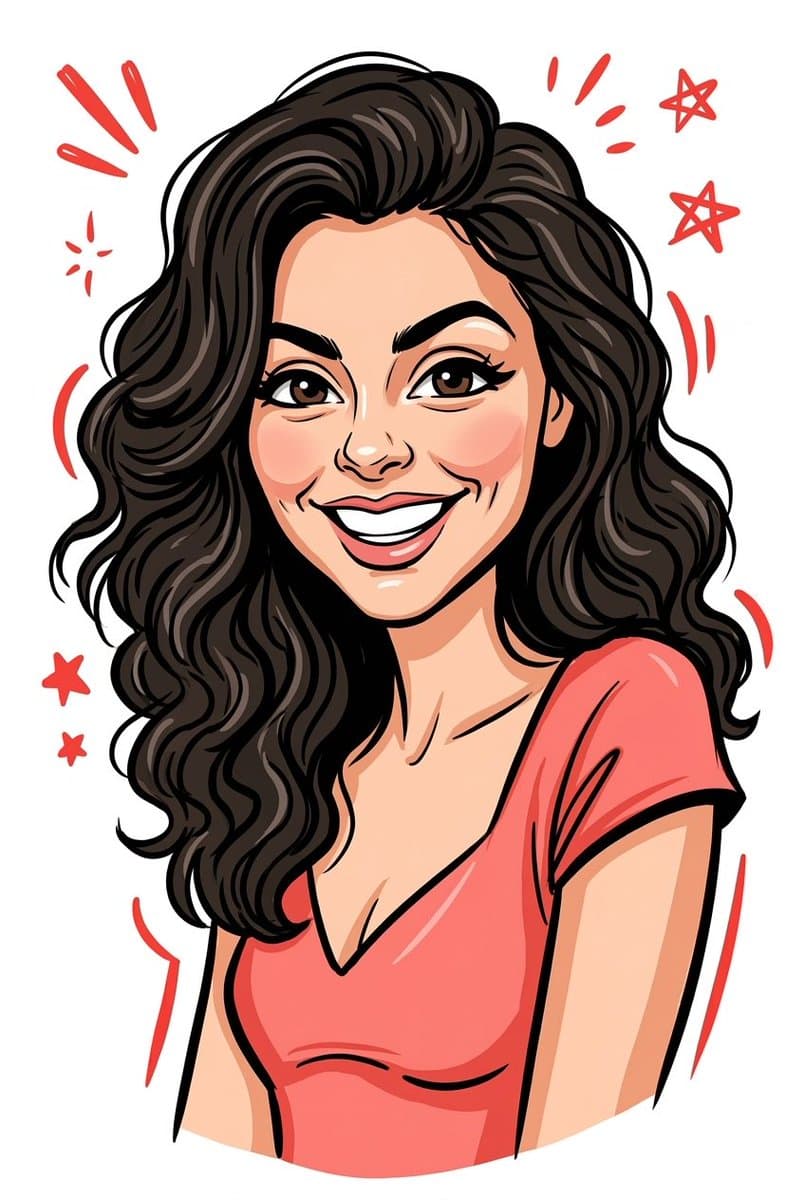 Digital Caricature of Smiling Woman in Red Dress