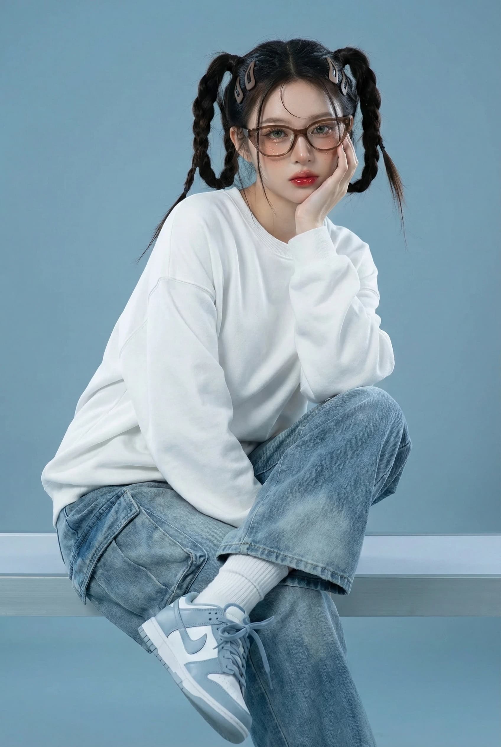 Futuristic Fashion Editorial with Sky-Blue Background