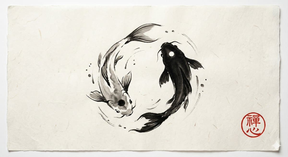 Yin and Yang Koi Fish Sumi-e Ink Painting