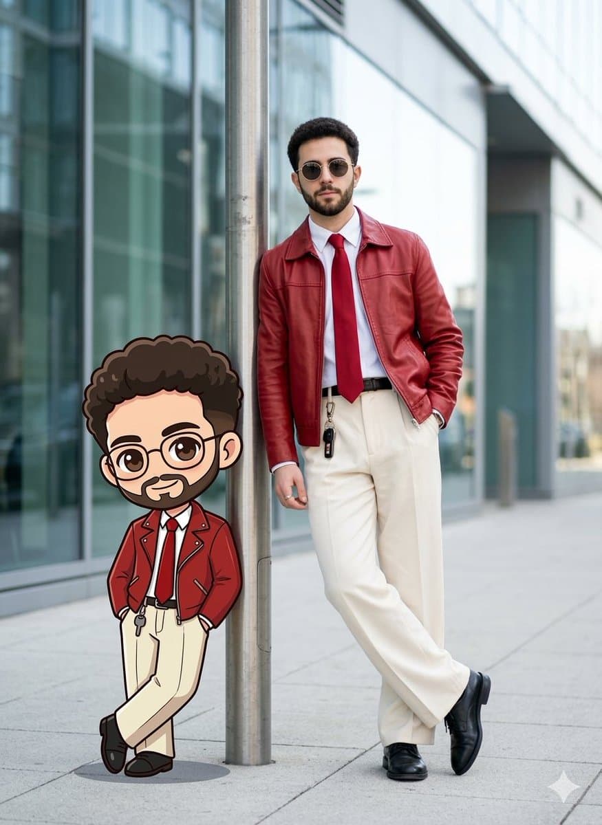 Stylish Man with Cartoon Twin on Urban Sidewalk