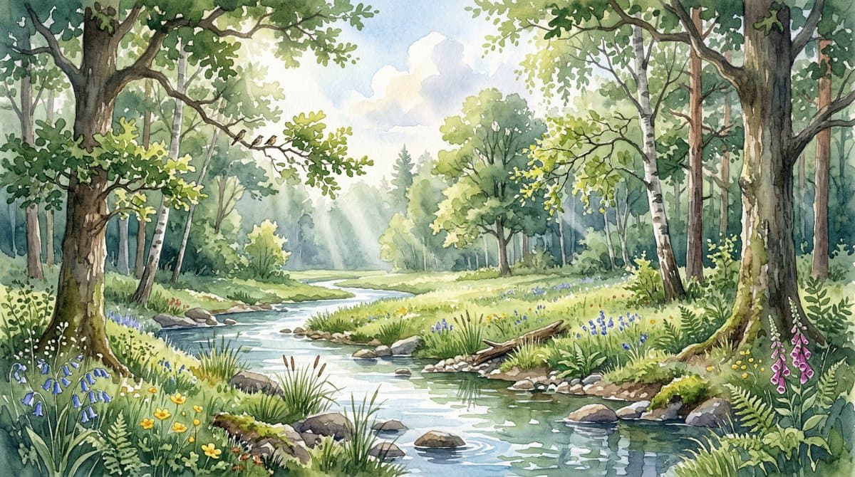 Forest Clearing Watercolor with Volumetric Lighting