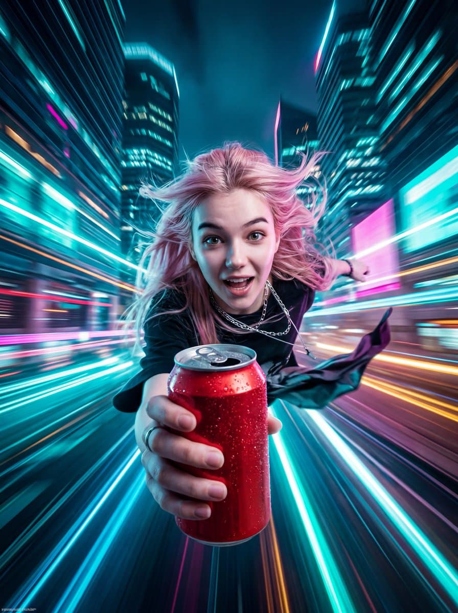 Neon City Chase with Flying Girl and Soda Can