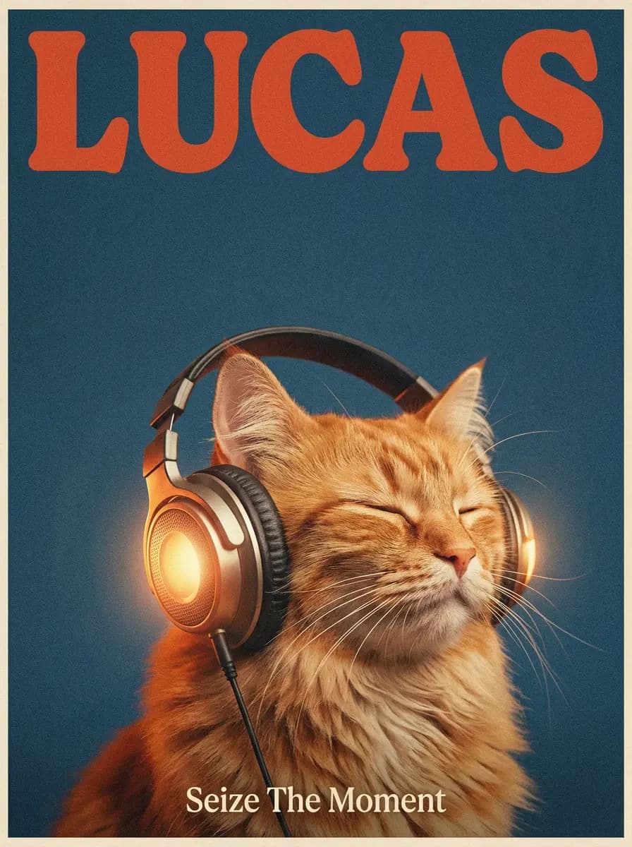 Cat with Headphones, Vintage Magazine Poster