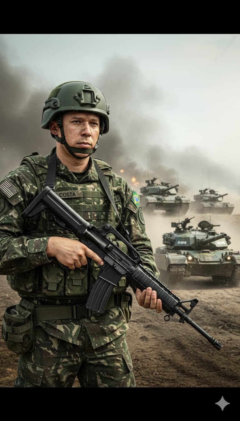 Brazilian Soldier in Combat Uniform with Tanks