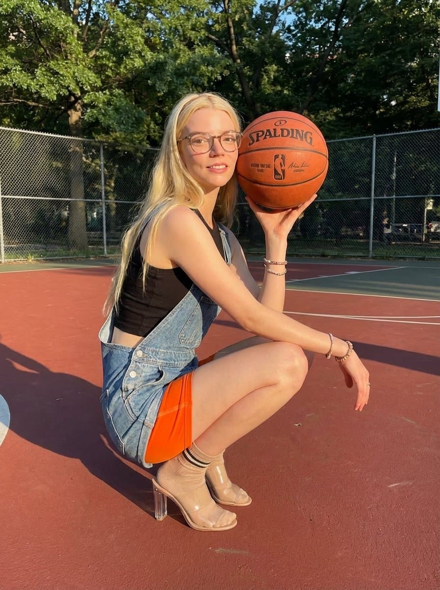 Young Woman Squatting on Basketball Court