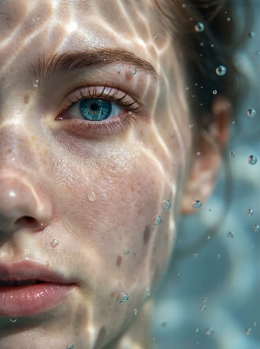 Hyper-realistic underwater portrait, left half of face